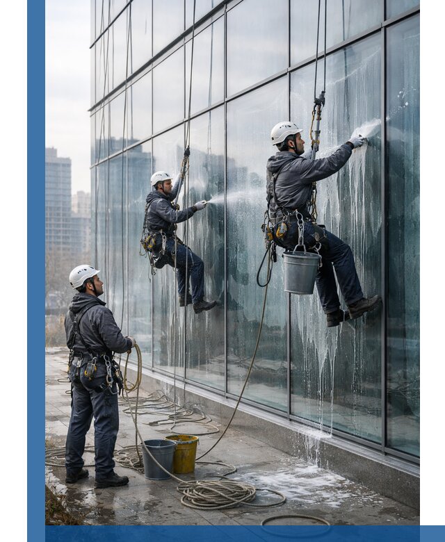 Промышленная мойка панорамных окон на высоте в Магадане