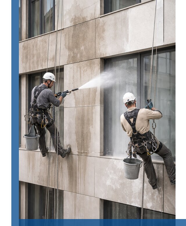 Послестроительная мойка фасада промышленным альпинизмом в Магадане