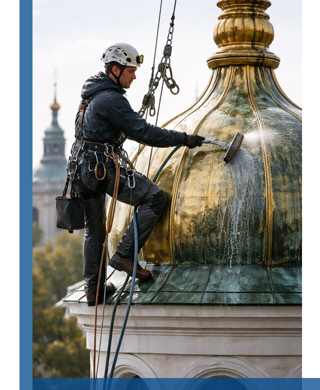 Профессиональная мойка куполов и шпилей высотными альпинистами в Магадане