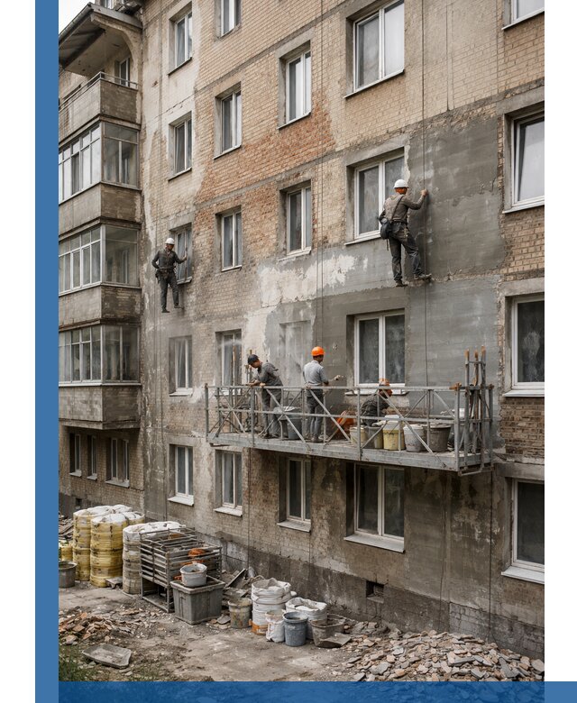 Капитальный ремонт фасада в Магадане с восстановлением и гидроизоляцией