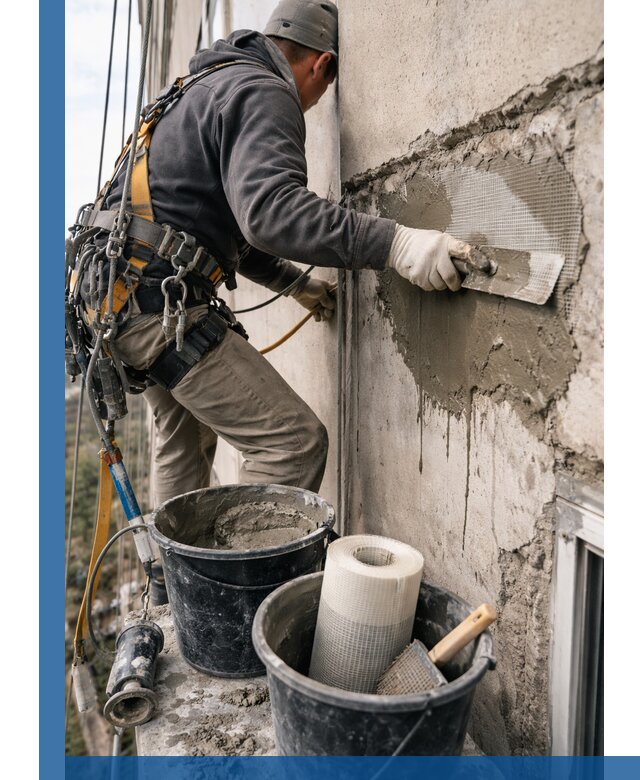 Ремонт бетонных элементов фасада промышленными альпинистами в Магадане