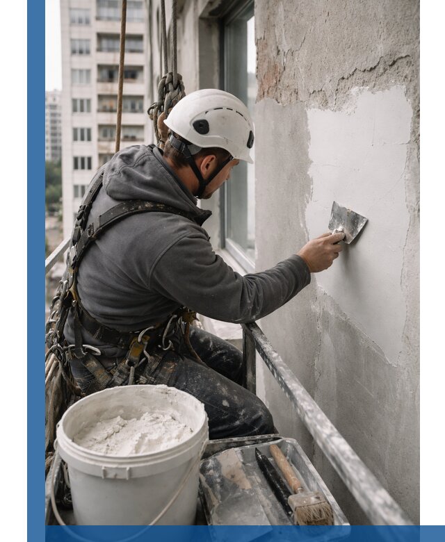 Шпаклевка фасадов на высоте с промальпинистами в Магадане