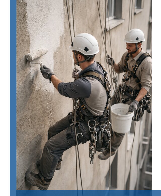 Грунтовка фасада на высоте в Магадане промышленными альпинистами