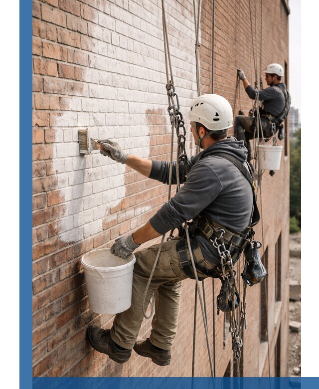 Покраска кирпичного фасада с доступным альпинистским сервисом в Магадане