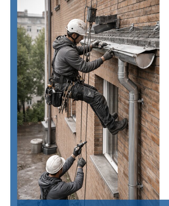 Монтаж водосточной системы на здании в Магадане под ключ