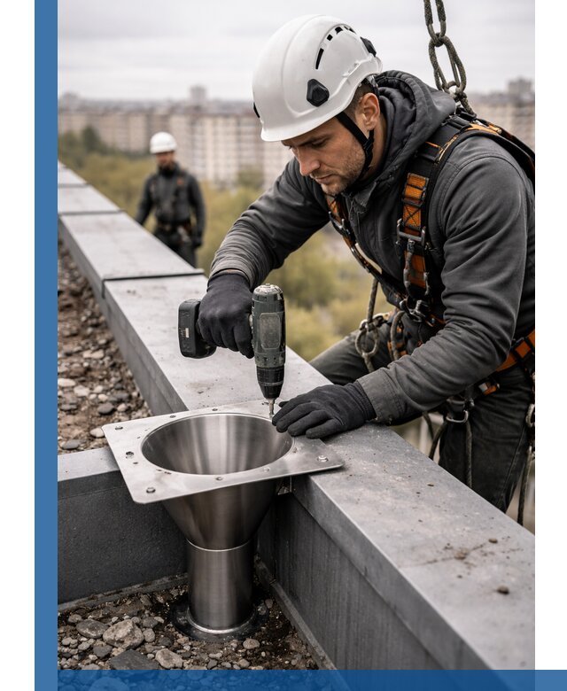 Монтаж водосточных воронок в Магадане для промышленных зданий