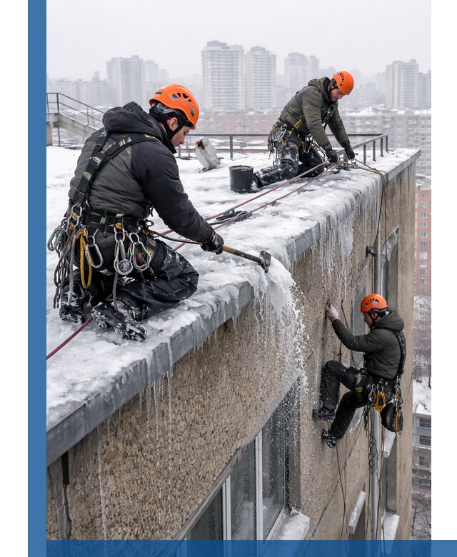 Удаление наледи с кровли в Магадане промышленными альпинистами