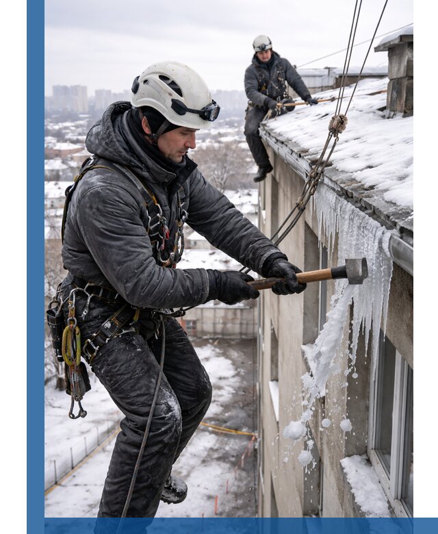 Сбивание и удаление сосулек с крыши в Магадане безопасно