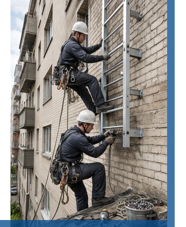 Монтаж пожарной лестницы в Магадане от 25558 р заказать у ВЫСОТНИК-Мгд