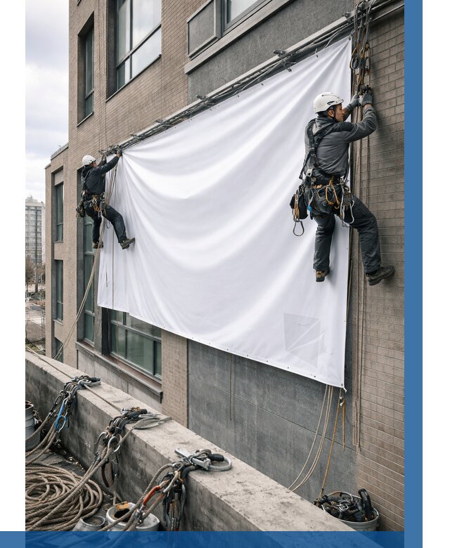 Монтаж баннеров на фасаде в Магадане от 664 р. заказать ВЫСОТНИК-Мгд