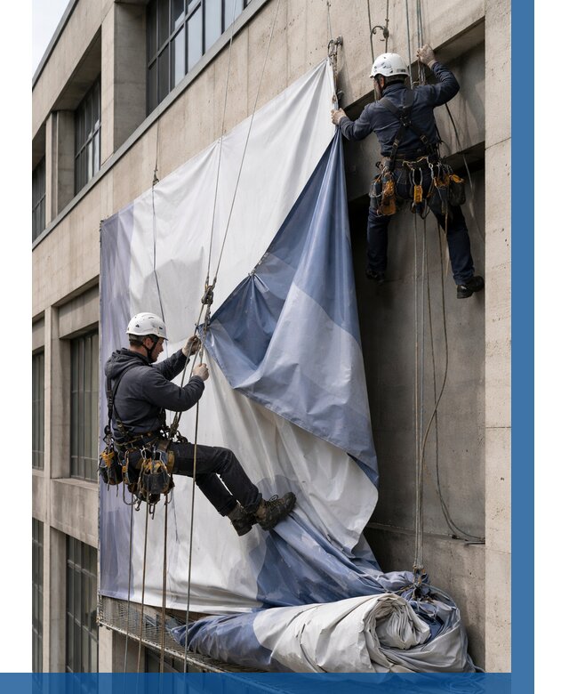 Демонтаж баннеров с фасада в Магадане от 4600 р. | ВЫСОТНИК-Мгд