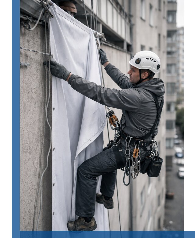 Замена баннерного полотна промышленными альпинистами в Магадане