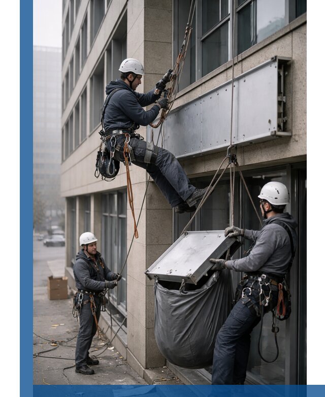 Демонтаж рекламной вывески с высотными работами в Магадане