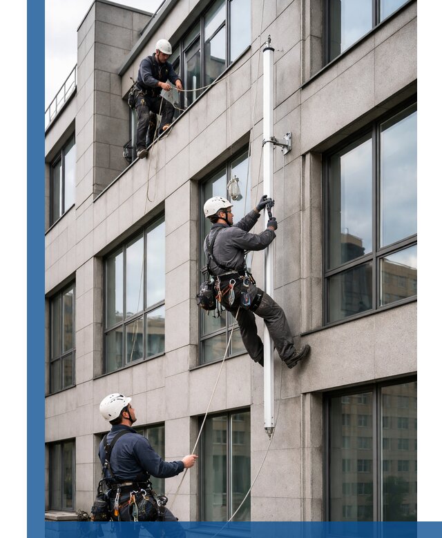 Монтаж флагштока на фасаде здания с креплением и герметикой в Магадане