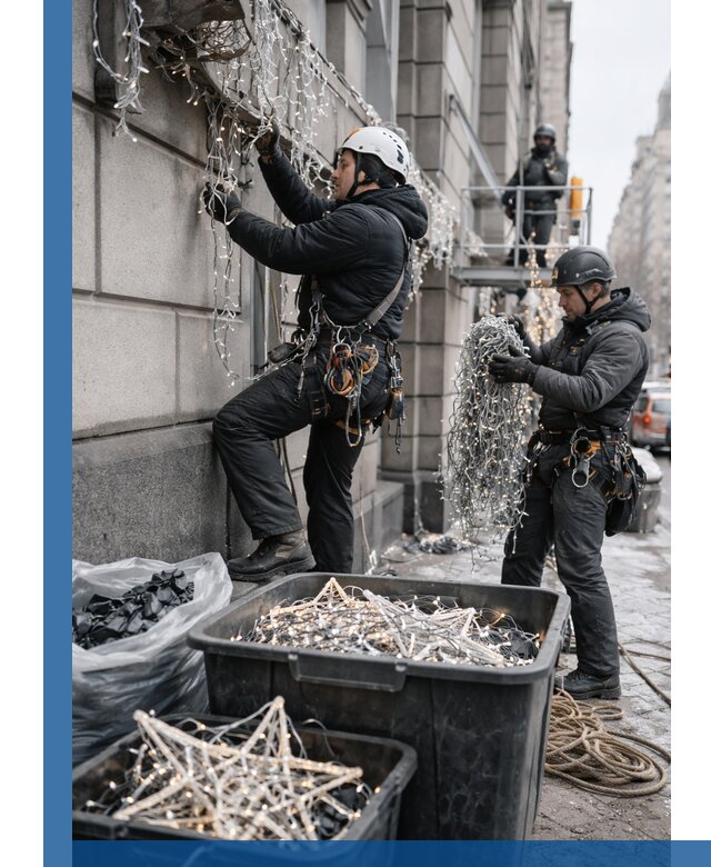 Демонтаж новогоднего оформления и гирлянд в Магадане