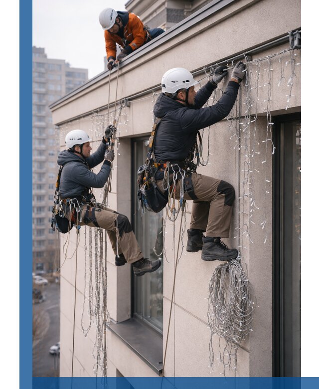 Монтаж праздничных гирлянд на фасаде в Магадане для зданий