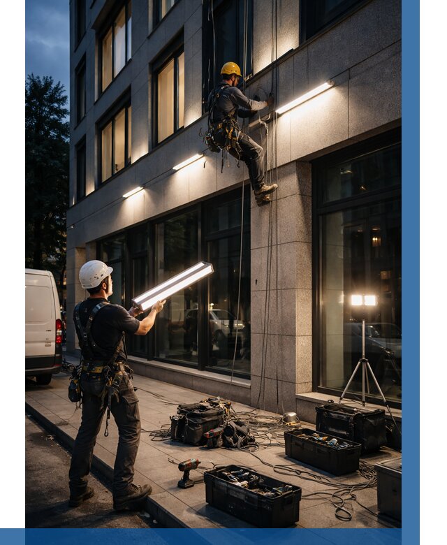 Монтаж архитектурной подсветки здания в Магадане от 2556 р.|ВЫСОТНИК-Мгд