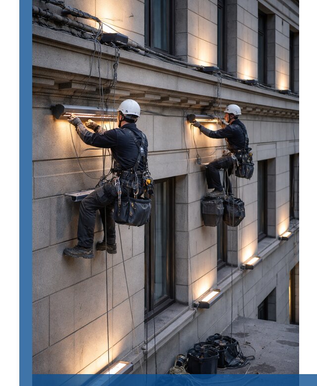 Монтаж архитектурной подсветки фасадов зданий в Магадане