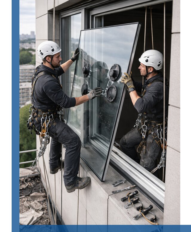 Замена стеклопакетов на высоте с промышленными альпинистами в Магадане