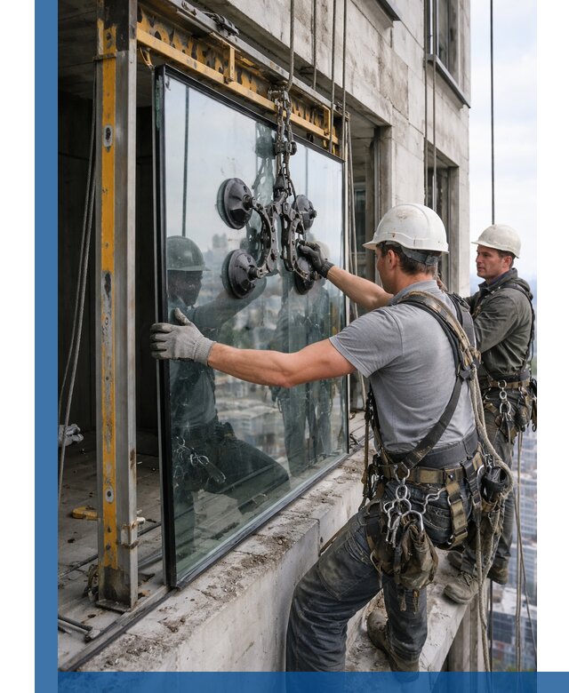 Монтаж стеклопакетов на высоте в Магадане с промышленным альпинизмом