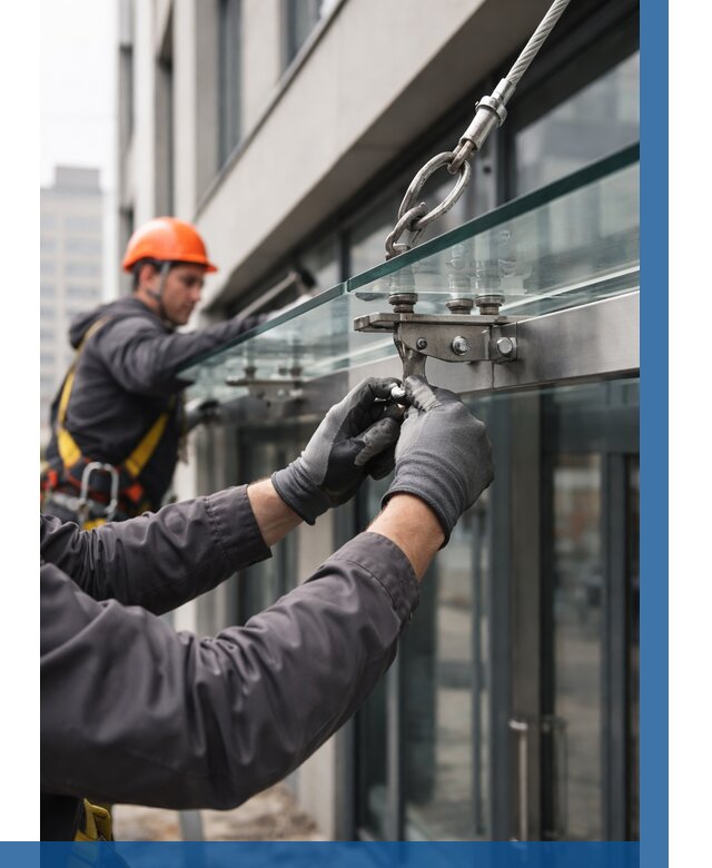 Монтаж стеклянных козырьков в Магадане от 8690 р. | ВЫСОТНИК-Мгд