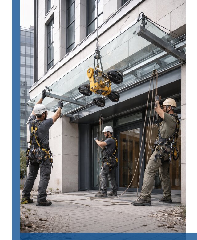 Монтаж стеклянных козырьков под ключ в Магадане для зданий