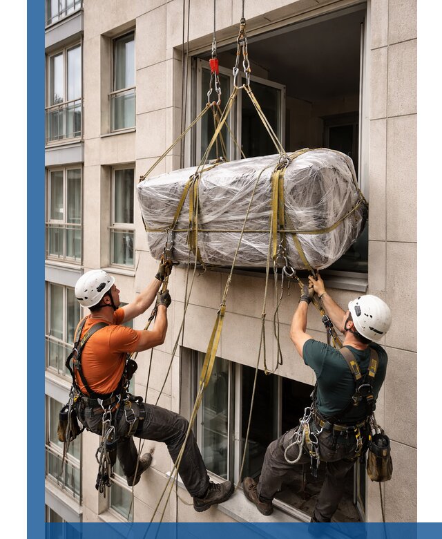 Подъем грузов через окно в Магадане промышленными альпинистами