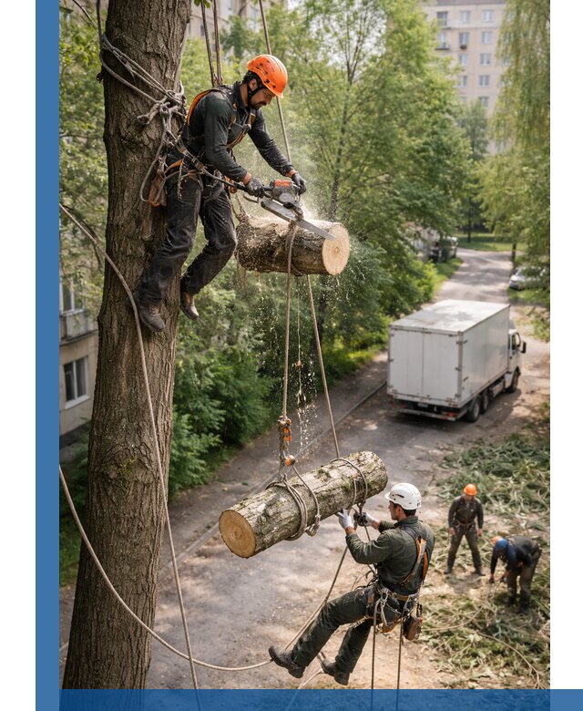 Спил деревьев альпинистами в Магадане, безопасно и без повреждений