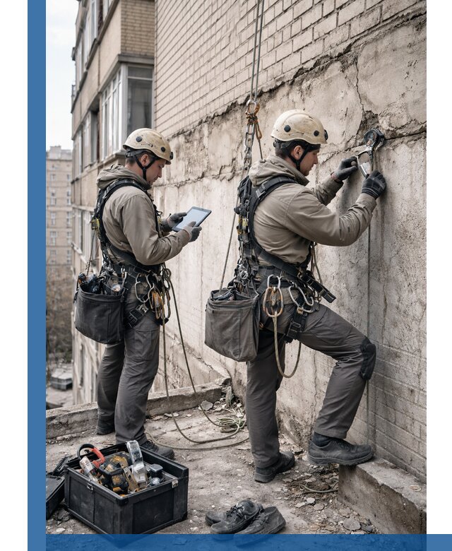 Обследование фасада промышленными альпинистами в Магадане